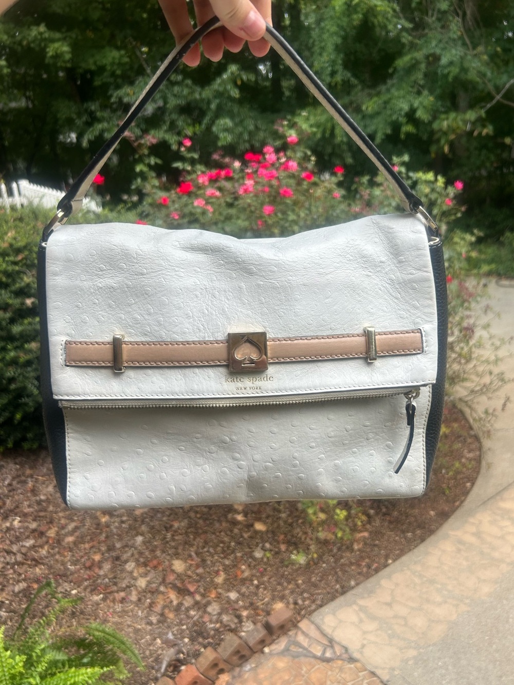 Kate Spade Ostrich Embossed Leather Foldover Satchel Bag Colorblock